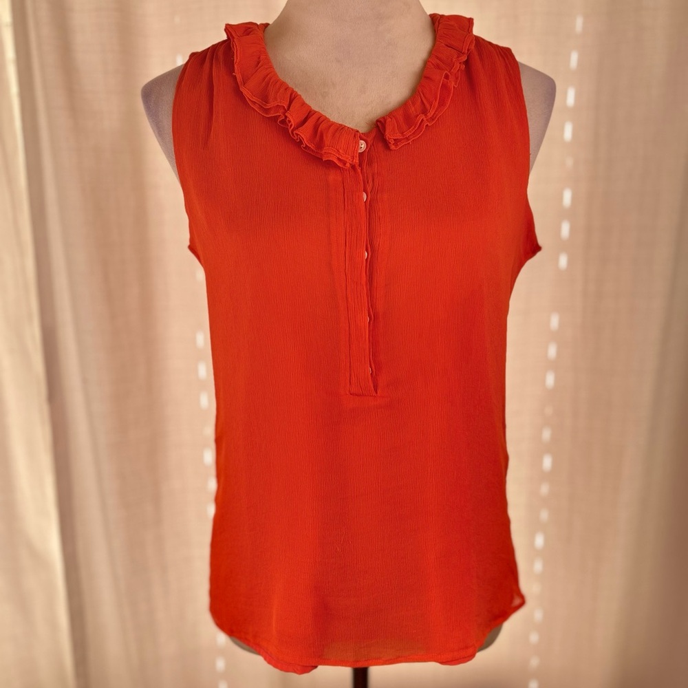 J. Crew 100% Silk Vibrant Orange Ruffle Neck Blouse